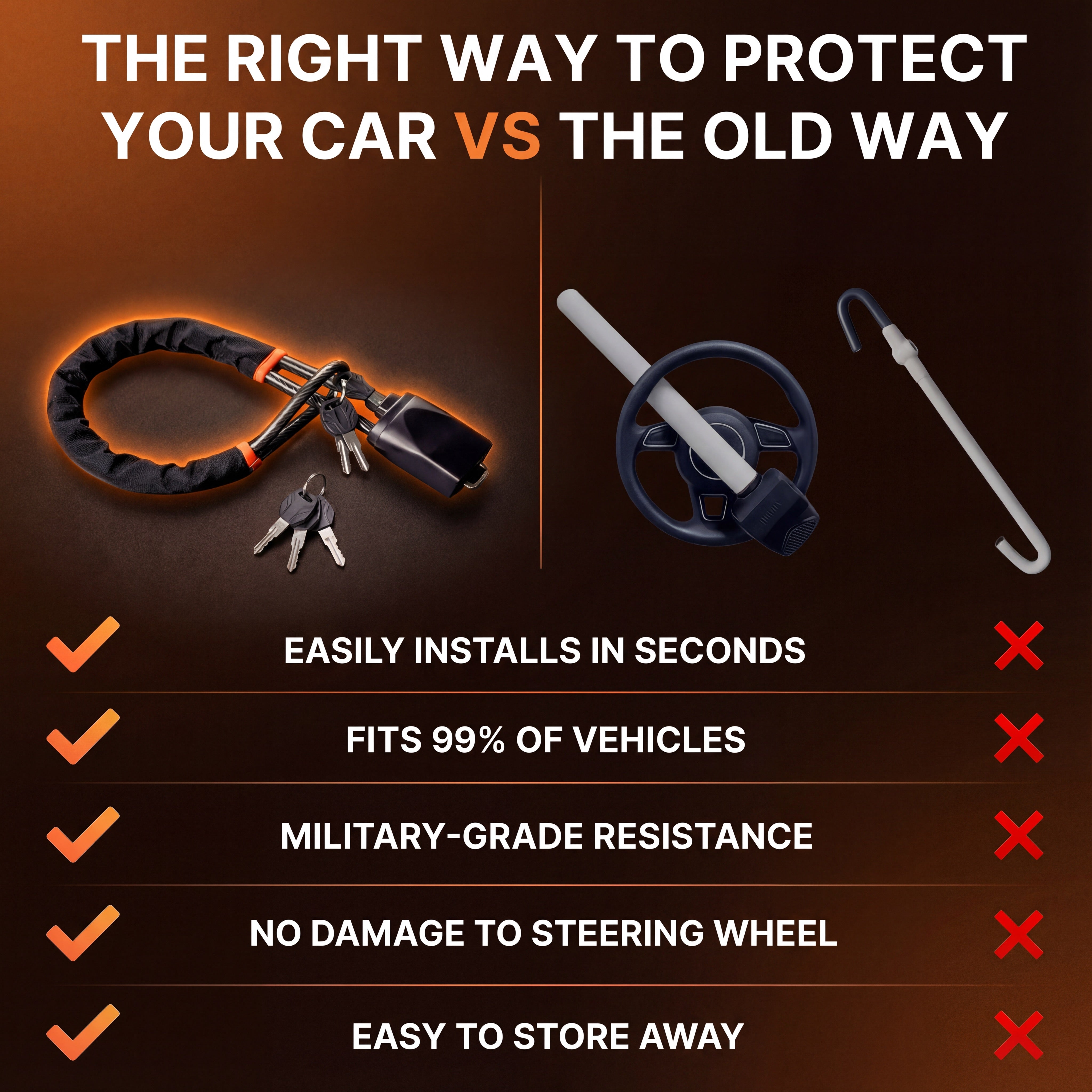 The new cable-and-buckle steering lock compared against the old bar-style lock