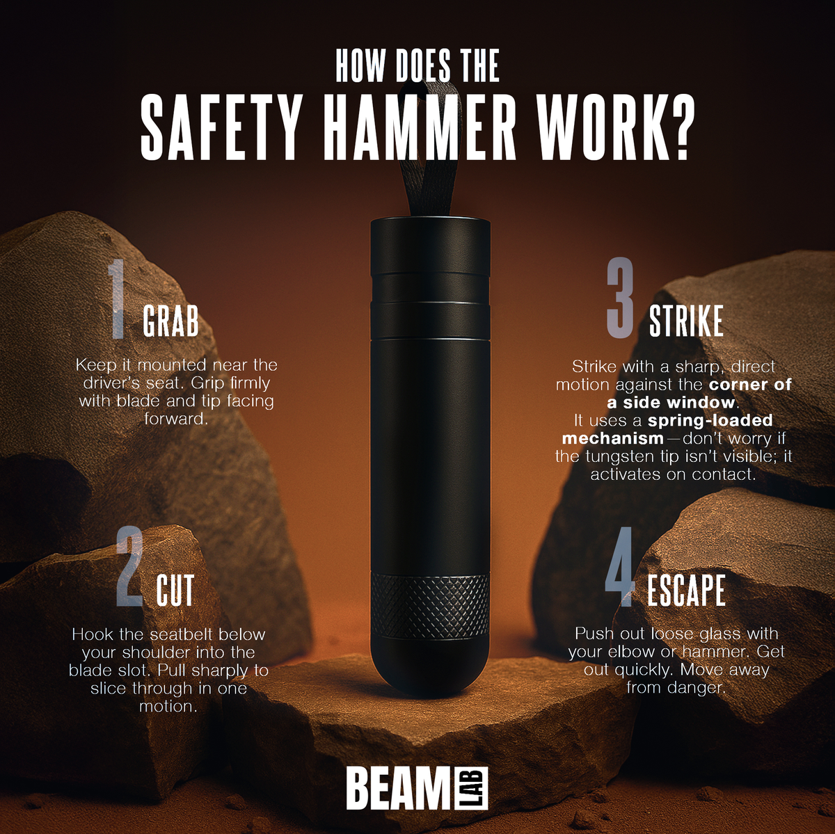 Safety Hammer — Spring-Loaded Car Escape Tool | BEAM Lab