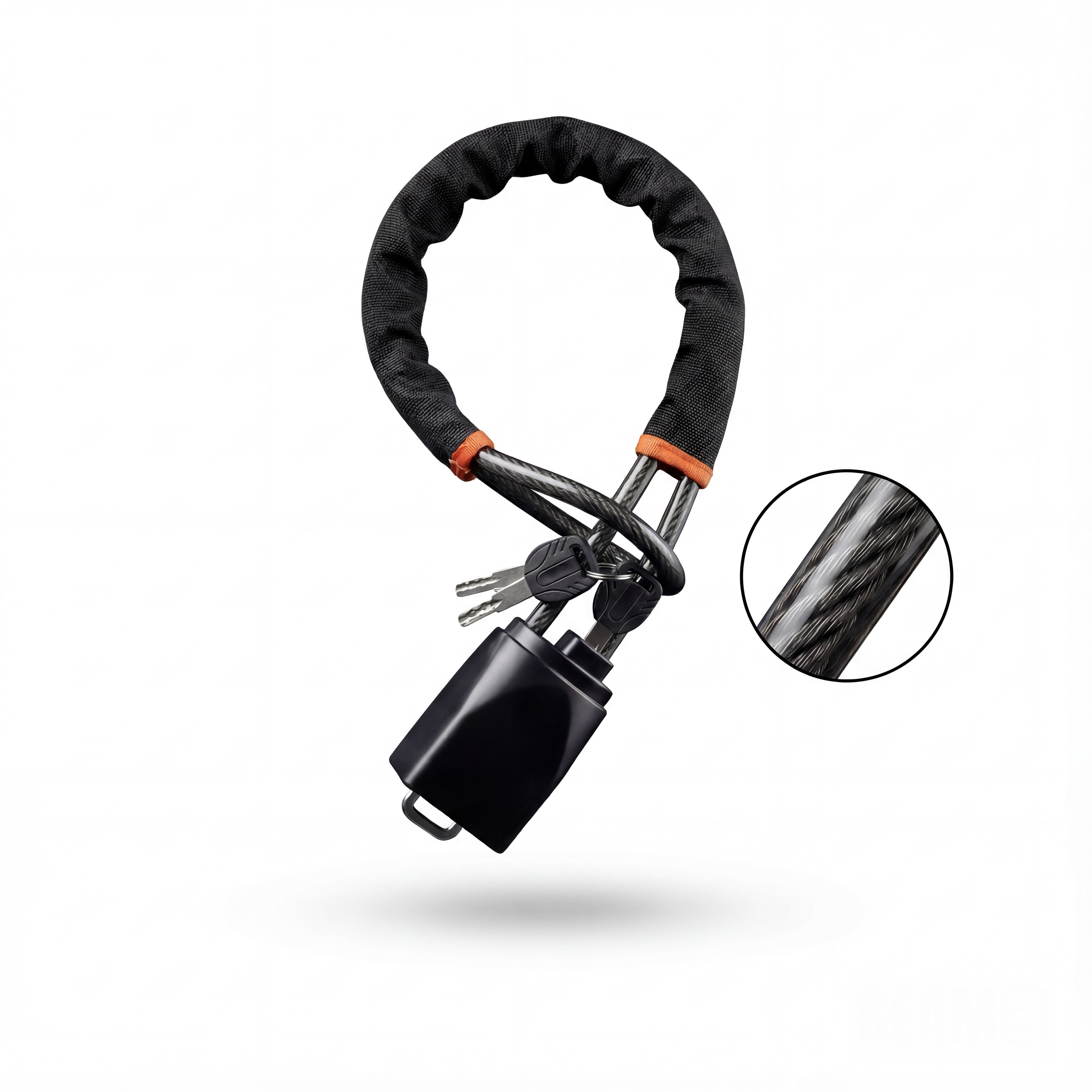 BEAM Lock on white: the 5mm coated steel cable, lock body, and keys